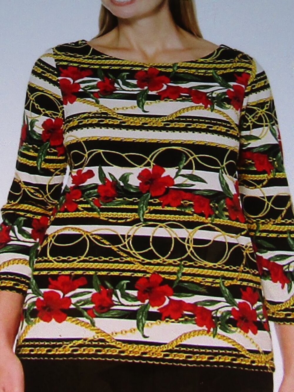 RAFAELLA Blouse Women's Size PM Gold Chain & Red Floral Print Boat Neck